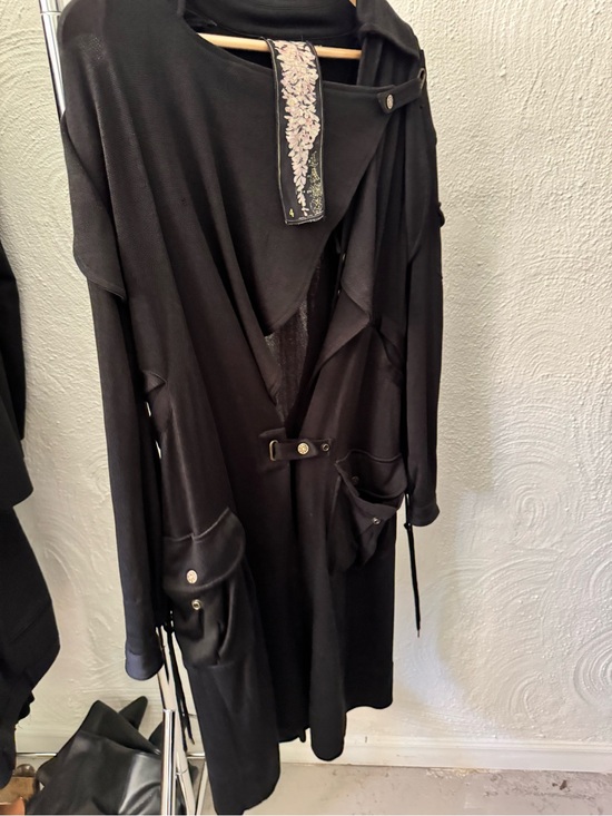 L.A.M.B. Jackets & Blazers - L.A.M.B. Black Draped Long Trench Coat with Embroidered Collar Detail
